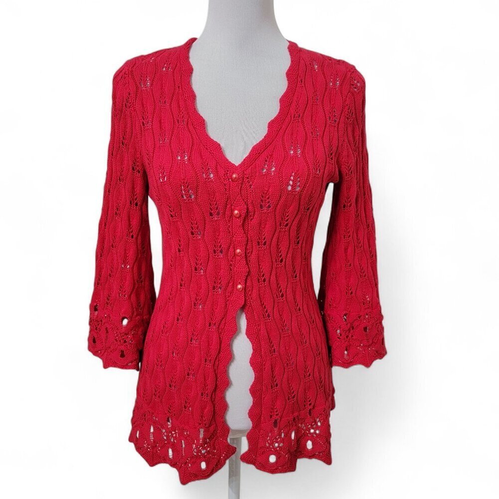 Nouveaux Size S Red Cardigan, 4 Button Front, Bell Sleeve, Scalloped Hem
